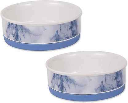 Bone Dry Ceramic Marble Non-Slip Pet Bowls, Dishwasher Safe, Medium Set, 6x2, Blue, 2 Count