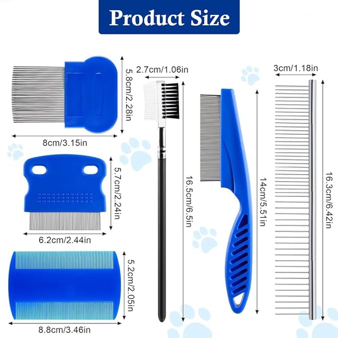 6 Pack Pets Grooming Comb Set, Flea Comb Set for Cats & Dogs, Professional Grooming Accessories for Pet, Flea Brush & Double Sided Tear Stain Remover