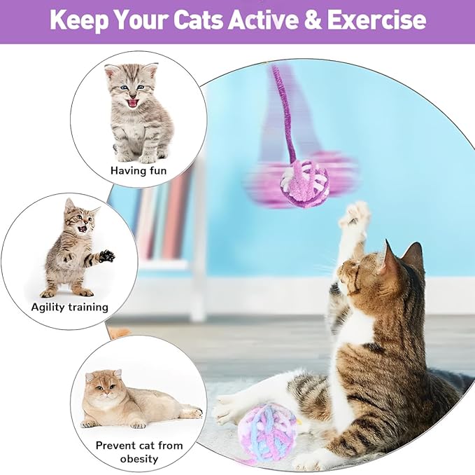 3Pcs Woolen Cat Ball with Bell Inside, Interactive Kitten Catnip Toys for Indoor Cats, Chew Jingle Ball with String Spring Toy (color-40)
