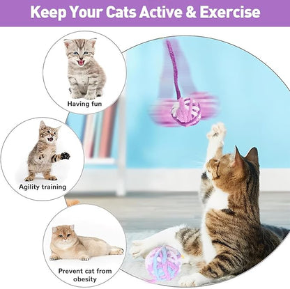 3Pcs Woolen Cat Ball with Bell Inside, Interactive Kitten Catnip Toys for Indoor Cats, Chew Jingle Ball with String Spring Toy (Color-7)