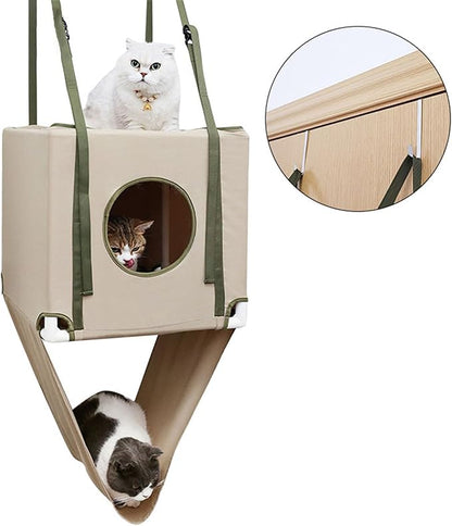 2 Tiered Hanging Cats Bed Door Mounted Space Saving Double Layer Cats Hammock for Multiple Cats with Breathable Polyeste