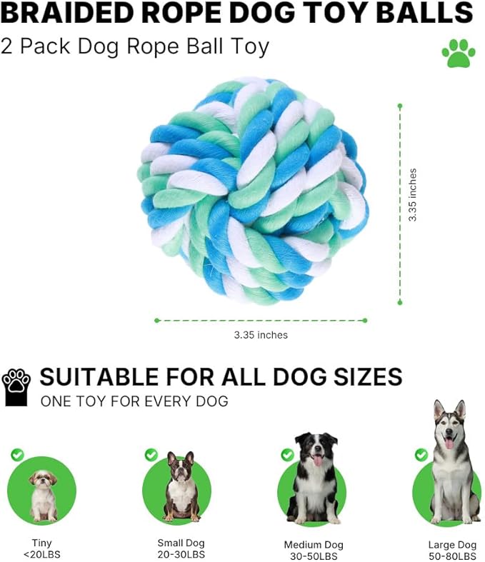 Braided Rope Dog Toy Balls - 2 Pack Dog Rope Ball Toy for Aggressive Chewers, Chew Toys for Medium Dogs, Teething Chewing and Boredom Relief
