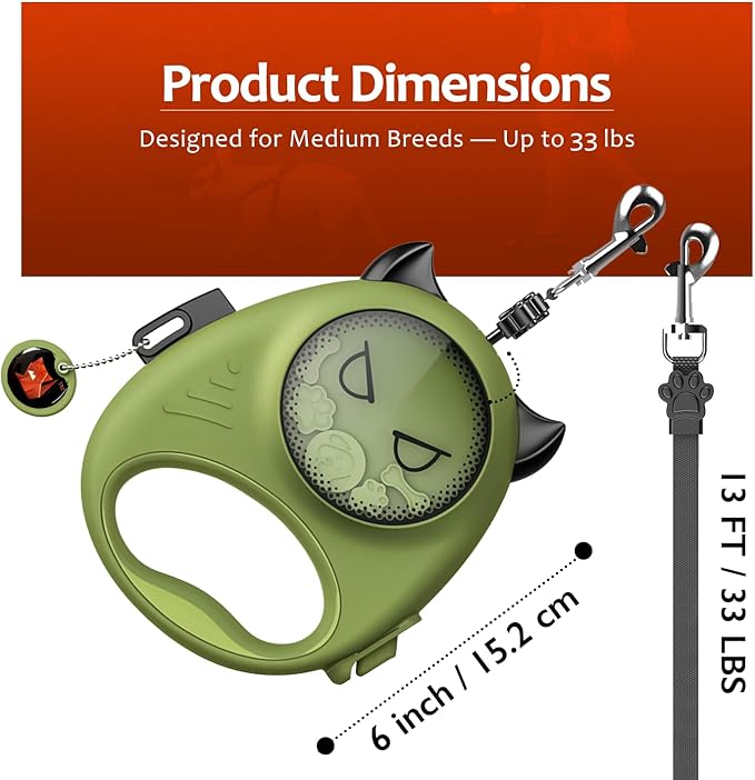 Retractable Dog Leash – 13ft Strong Nylon Tape, Auto-Locking, Tangle-Free, One-Touch Brake, Comfortable Grip – Fun Halloween Design for Small Dogs up to 33 lbs, Haminway Cheeky Imp Design