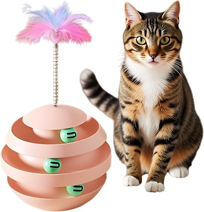 Interactive Cat Toy for Indoor Cats, 3-Layer Ball Track with Tumbler Base & Feather, Self-Play Kitten Toy to Reduce Boredom & Anxiety, Durable Interactive Pet Toy for Kittens and Adult Cats (pink)