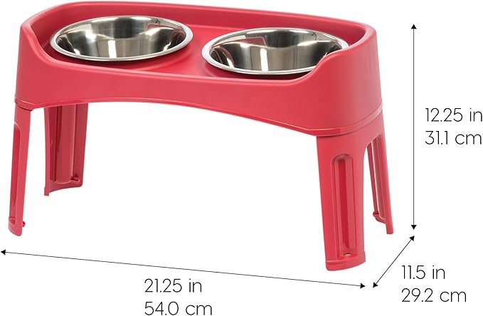 IRIS USA Adjustable Elevated Dog Bowls, Raised Feeder with 2 Stainless Steel 64 oz Bowls, Spill-Guard Rim, 12.25" or 4.63" Heights, Durable Plastic, Made in USA, Red