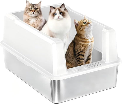 Extra Large Cat Litter Box for Multiple Cats, 28" L x 20" W Stainless Steel Metal Litter Box with High Side, Stop Scatter, Non-Stick, Easy to Clean, Anti-Leak Design, Odor-Resistant (White)