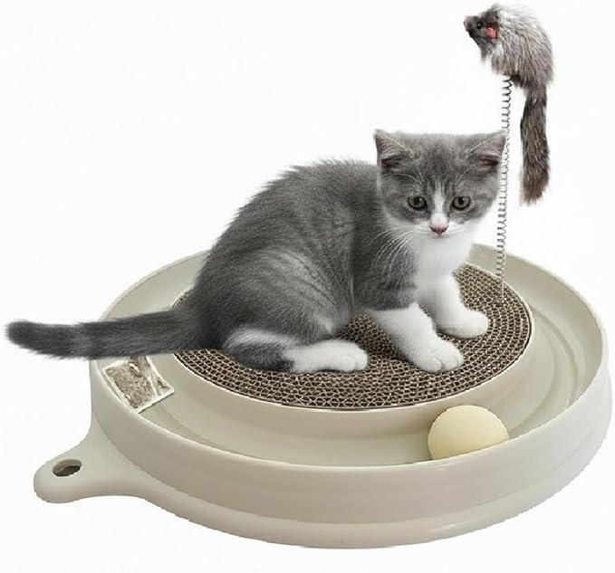 AUOON Cat Scratcher Toy with Ball Track - 3 in 1 Interactive Cat Toy, Cat Scratch Pad with Cat Ball Toy and Plush Cat Mouse Toy for Indoor Cats and Kittens (Milk Shake)