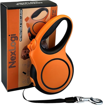 26Ft Retractable Dog Leash, Heavy Duty Great Leash for Dog up to 110 lbs, Anti-Slip Rubberized Handle, One-Handed Brake, Strong Nylon Tape, Tangle Free(Large，Orange&Black).