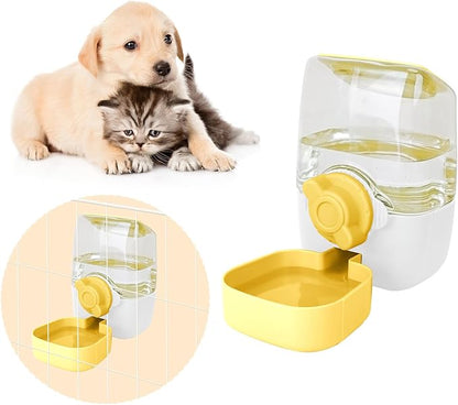 Automatic Replenish Pet Waterer, 1L Capacity Auto Siphon Gravity Cage Hanging Water Dispenser Set for Dog and Cat Small Animals, Removable Pet Water Bottle Water Container (Waterer, Yellow&White)