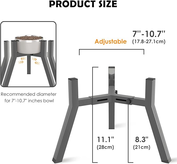SHAINFUN Grey Elevated Dog Bowls Stand for Large Medium Breeds, 11" Height Adjustable Width 7-10.7", Single Tall Feeder Holder (Bowl Not Included)