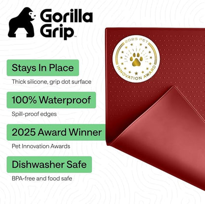 GORILLA GRIP 100% Waterproof Raised Edge BPA Free Silicone Pet Feeding Mat, Dog Cat Food Mats Contain Spills Protects Floors, Placemats for Cats and Dogs Water Bowl, Pets Accessories 23x15 Red