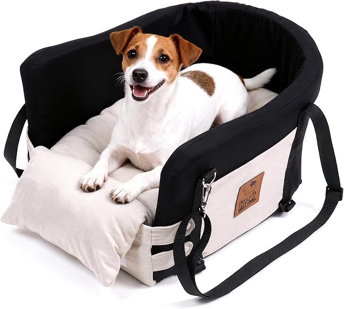 JZXOIVA Console Dog Car Seat & Travel Bed for Small/Medium Dogs, Booster Dog Car Seat with Safety Tether, Non-Slip Base, Washable Cover, Front or Back Seat Pet Carrier Bed, Black