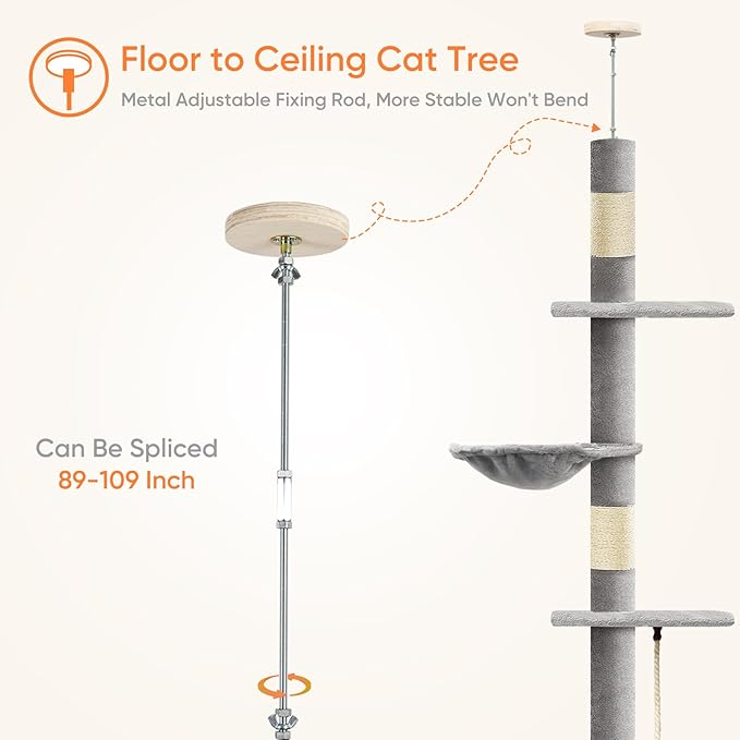 Cat Tree 5-Tier Floor to Ceiling Cat Tree 89-109 Inch, Adjustable Height Cat Tower, Cozy Hammock and Sisal Scratch Post, Provides Vertical Enrichment for Jumping Climbing, Grey