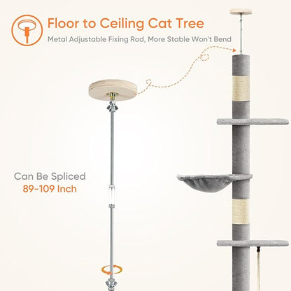 Cat Tree 5-Tier Floor to Ceiling Cat Tree 89-109 Inch, Adjustable Height Cat Tower, Cozy Hammock and Sisal Scratch Post, Provides Vertical Enrichment for Jumping Climbing, Grey