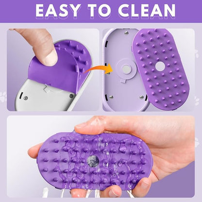 Cat Steam Brush for Shedding, 4-in-1 Rechargeable Pet Grooming Brush for Cats & Dogs, Anti-Static, Massage, Cleaning & Combing with Gentle Steam, Removes Loose Hair & Tangles (Purple)