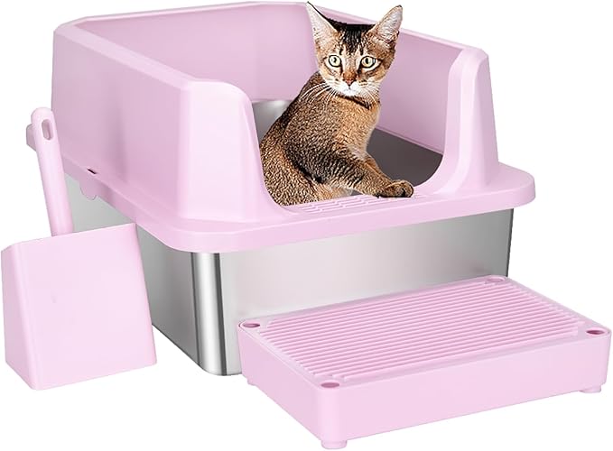RIZZARI Open Cat Litter Box: Large Pink Stainless Steel Litter Pan with Teflon Non-Stick Coating - High Sided Splash-Proof Easy Clean Toilet for Cats up to 20 lbs - Ideal for Living Rooms - Apartments