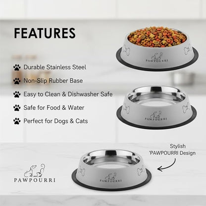 2 Pack Stainless Steel Dog Bowls – 16 fl oz Anti-Skid Food & Water Bowls for Small Dogs, Puppies & Cats|Dog Food & Water Bowl|Dog Feeding Bowl (Grey)
