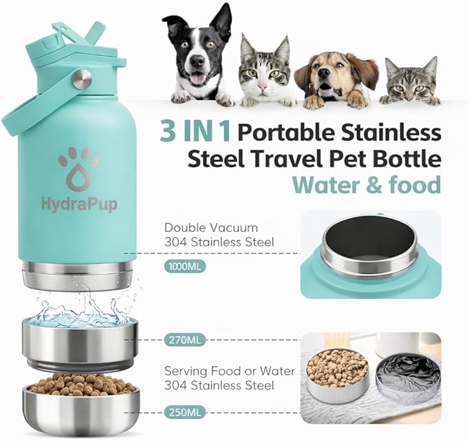 32oz Insulated Water Bottle with Dog Bowls – Human & Pet Shared Use, Stainless Steel Leakproof Travel Bottle (Sea Foam Blue)