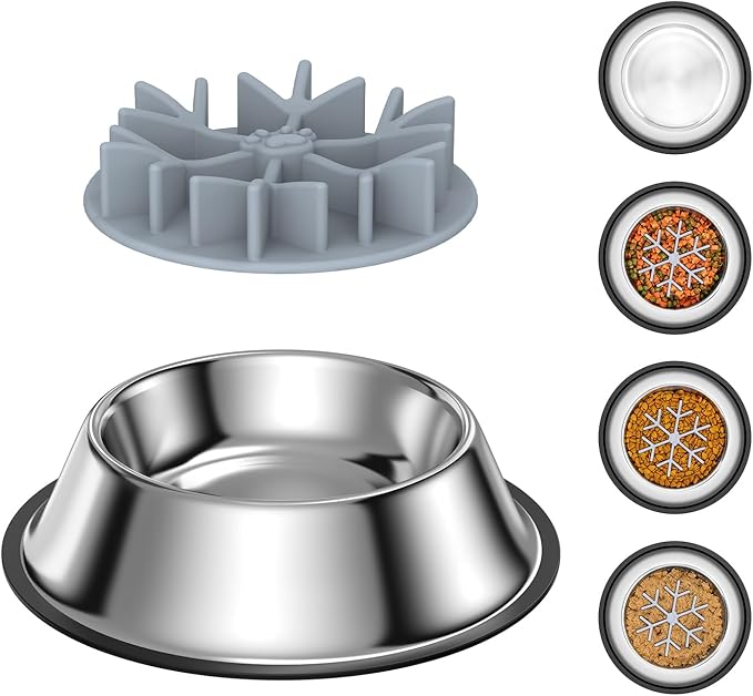 2-in-1 Metal Dog Bowl with Slow Feeder Insert, Food Grade 304 Slow Feeder Dog Bowls, Non-Slip Bottom, Pet Slower Food Feeding Bowls for Increases Feeding Time, Reduces Digestive Problems (L)