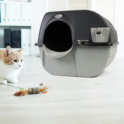 Omega Paw Self Cleaning Cat Litter Box, Elite Roll 'N Clean Litter Box, Regular Size for Kittens and Cats 10 lbs and Under, Black Color (EL-RA15-1) with Integrated Litter Step and Chrome Accents