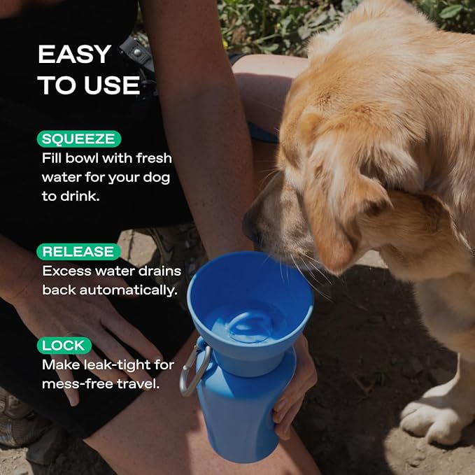 Springer by Springland Flip Portable Dog Water Bottle with Foldable Food Grade Silicone Bowl - 20 Ounce Travel Dog Water Bottle Ideal for Camping - Easy Squeeze Hydration & Release to Drain