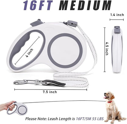 Retractable Dog Leash, 30 FT/ 20 FT Dog Walking Leash for Small Medium Large Dogs up to 77 lbs/ 44 lbs, Heavy Duty No Tangle (White, 20 FT (0-44 lbs))