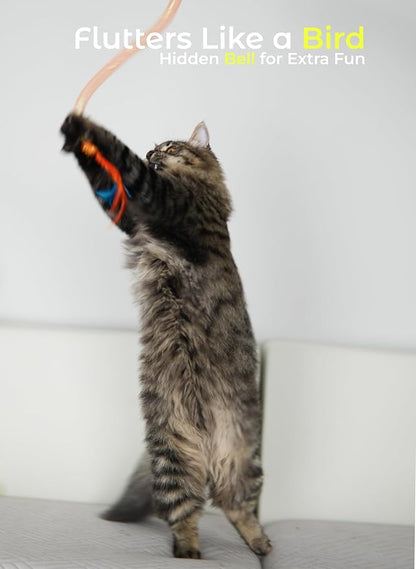 Interactive Cat Wand Toy 3 Pack, Woven Mesh Fishing Pole with Feathers Bell & Pom Pom, Teaser Wand for Bored Indoor Cats and Kittens, Exercise Toy to Stimulate Hunting Instinct — Pink Yellow Orange
