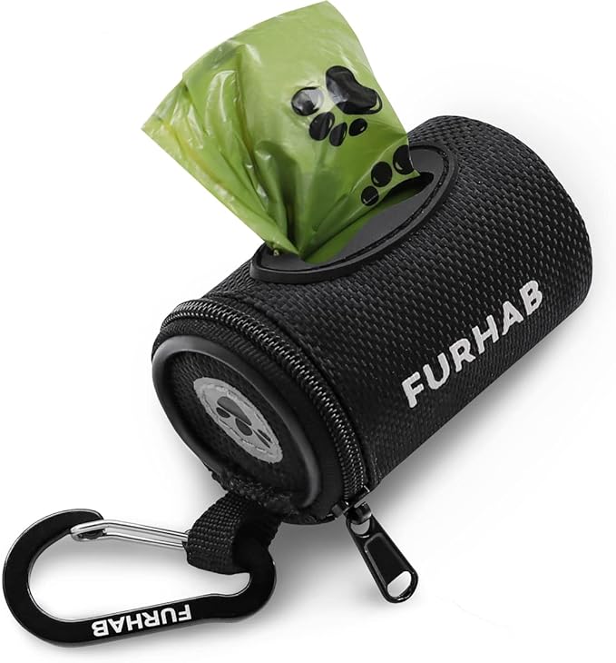 Dog Poop Bag Holder for Leash Doggie Waste Bag Dispenser Soft Fabric Puppy Potty Carrier Small Doggy Zipper Pouch with Carabiner Clip with 1 Roll of Pet Trash Bags, Black