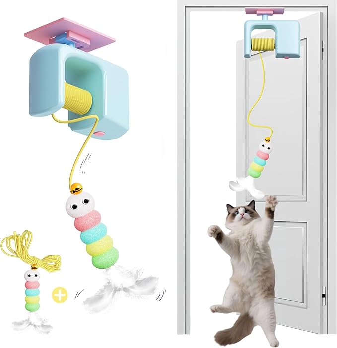 Interactive Cat Toy for Indoor Cats Adult Kitten, Automatic Door Hanging Cat Toy with Feathers and Bells for Door Frame Wall Ceiling, Self Play Retractable Cat Enrichment Toy for Bored Cats