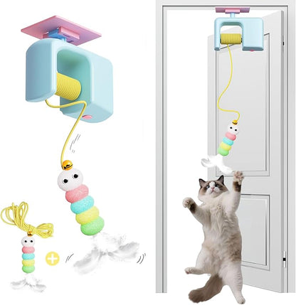 Interactive Cat Toy for Indoor Cats Adult Kitten, Automatic Door Hanging Cat Toy with Feathers and Bells for Door Frame Wall Ceiling, Self Play Retractable Cat Enrichment Toy for Bored Cats
