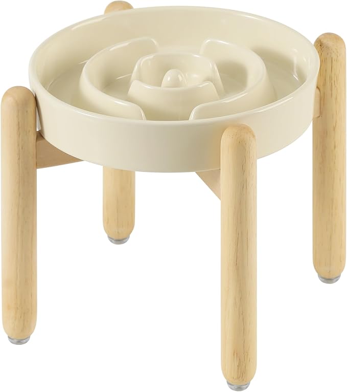 Ceramic 1.6 Cup Raised Slow Feeder Dog Bowl Set, Elevated Wooden Stand for Medium and Large Dog, 8.2inch Puzzle Slow Dish, Anti-Gulping(Light Yellow, Single Bowl+ Stand)