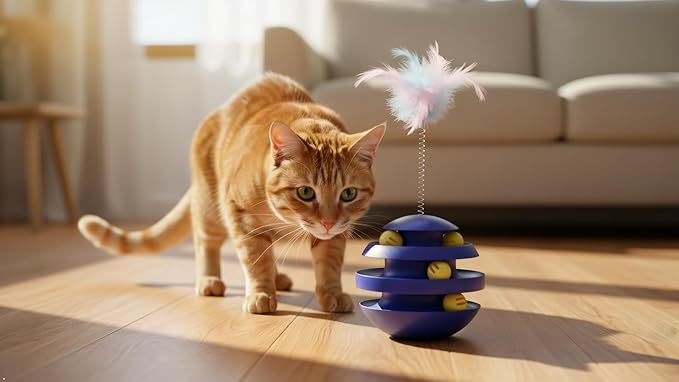 Interactive Cat Toy for Indoor Cats, 3-Layer Ball Track with Tumbler Base & Feather, Self-Play Kitten Toy to Reduce Boredom & Anxiety, Durable Interactive Pet Toy for Kittens and Adult Cats(Blue)