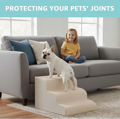 Dog Stairs for Small Dogs 19" H, 4-Step Dog Steps Ramp for High Beds and Couch with Anti-Slip Washable Cover and Durable High Density Foam, Pet Stairs for Cats, Beige