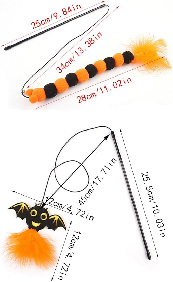 Halloween Cat Tunnel with Toys Set, Gothic Interactive Kitten Toy for Indoor Cats Kitty, Kitten Tube Tent, Feather Wand Teaser Bell Fuzzy Ball Springs Mouse for Small Animals (A, 23.3X15X112.3CM)