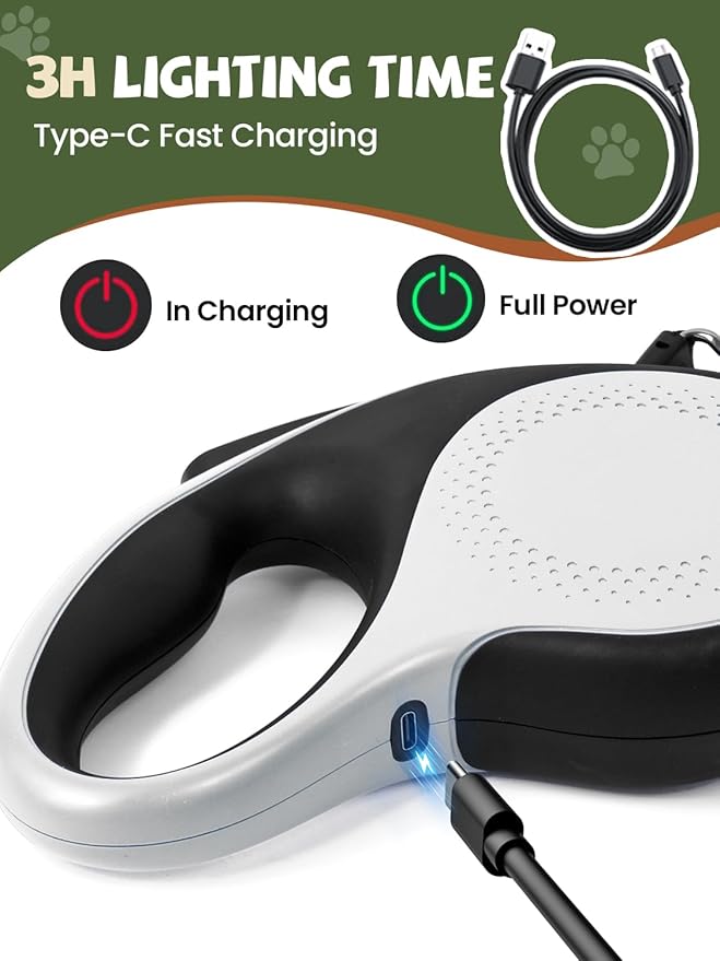 Retractable Dog Leash with Led Light, Douexio 16ft Rechargeable Walking Dog Leash for Small Medium Dogs Up to 66 lbs,360° Tangle-Free, One-Button Control, High Strength Hook