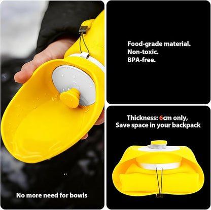 Jalopink Portable Dog Water Bottle, 2-in-1 Leak Proof & Collapsible Silicone Pet Dispenser with Built-in Bowl, Food Grade Travel Cup for Walking, Hiking (19oz/550ml, Yellow)