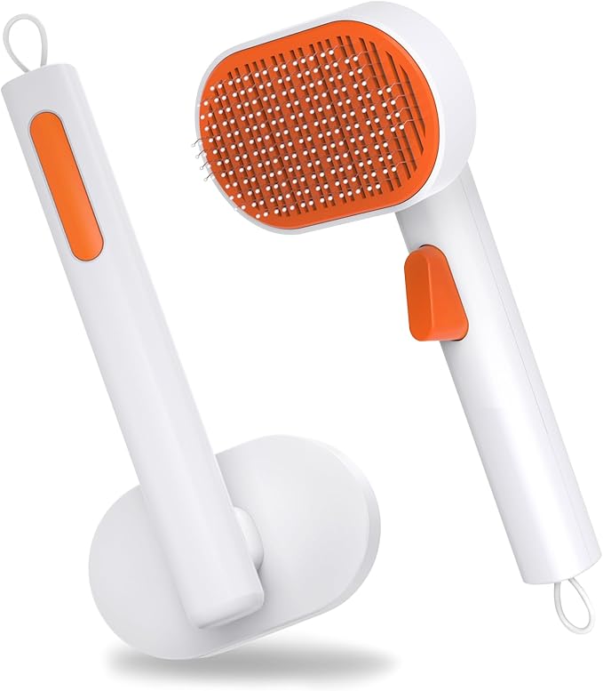 Cat Brush with Release Button, Self Cleaning Slicker Cat Hair Brush for Cat, Dog, Rabbit, Pig, Indoor Pet Hair Shedding Tool Stainless Steel Bristle Soft Rubber Tips, Orange