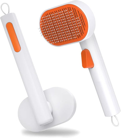 Cat Brush with Release Button, Self Cleaning Slicker Cat Hair Brush for Cat, Dog, Rabbit, Pig, Indoor Pet Hair Shedding Tool Stainless Steel Bristle Soft Rubber Tips, Orange