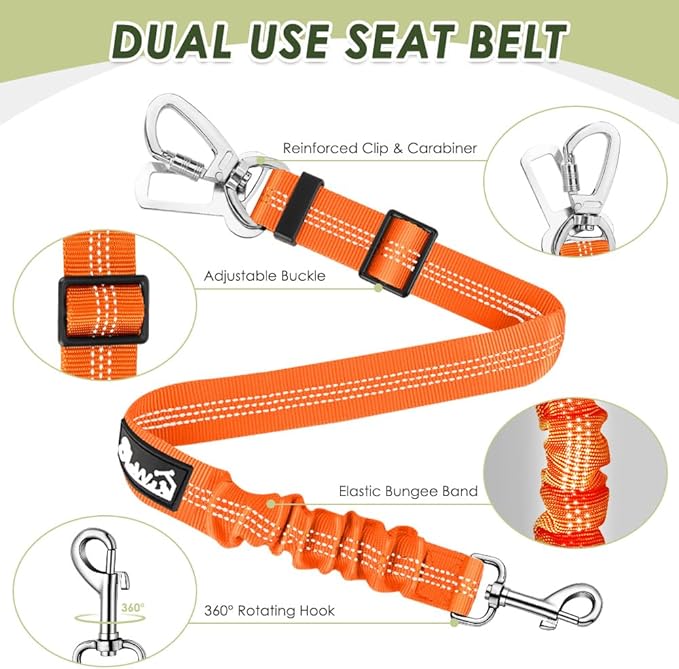 Lukovee Dog Seat Belt for Car, Adjustable Dog Car Harness for Large Medium Small Dogs, Soft Padded & Breathable Mesh Dog Seatbelt with Car Strap and Carabiner (Orange,M)