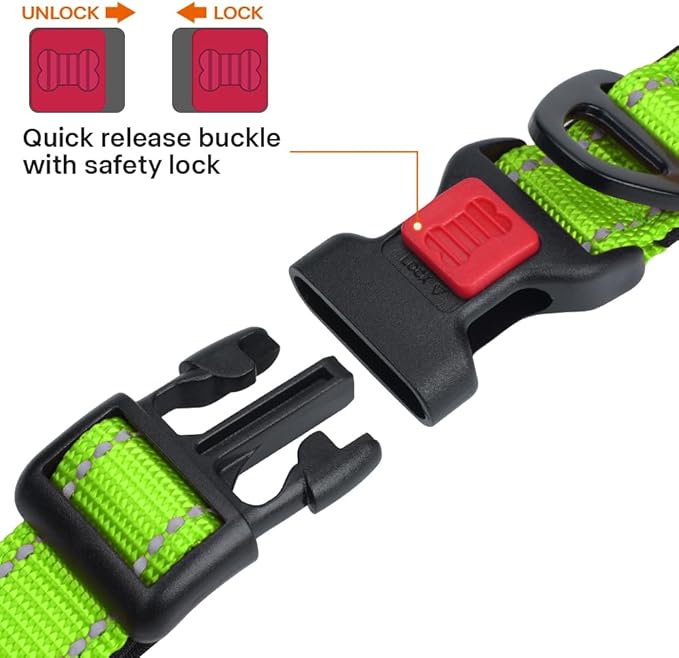 Taglory Reflective Dog Collar with Safety Locking Buckle, Soft Neoprene Padded Dog Collar for Large Dogs, Metal D-Ring, Adjustable Nylon Neck Strap for Daily Walking, Training & Running, Green, L
