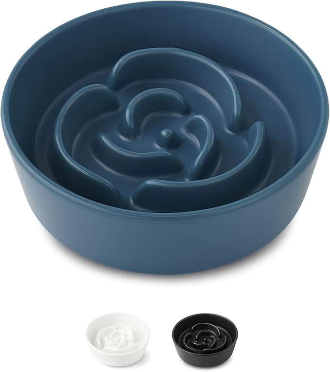 Ceramic Slow Feeder Dog Bowl for Small Dogs & Cats, 6 Inch Puzzle Pet Food Dish, Non-Slip Heavy Design, Helps Reduce Fast Eating, Bloating & Indigestion, Dishwasher Safe (Deep Ocean Blue)