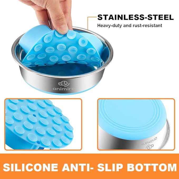 2-in-1 Metal Dog Bowl with Slow Feeder Insert, Stainless Steel Dog Bowls Food Grade 304, Water Food Bowl with Anti-Slip Silicone Base for Small, Medium, Large Dogs