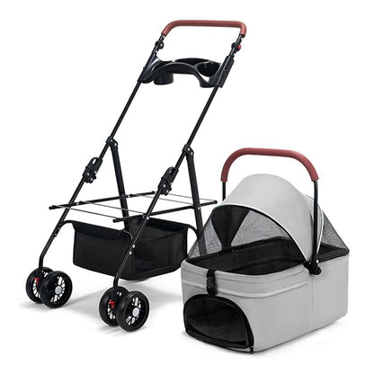 Pet Stroller-Folding 4 Wheels Cat/Dog Stroller for Medium Small Pets with Storage Basket and Cup Holder Suitable for Going Out and Traveling (Grey)