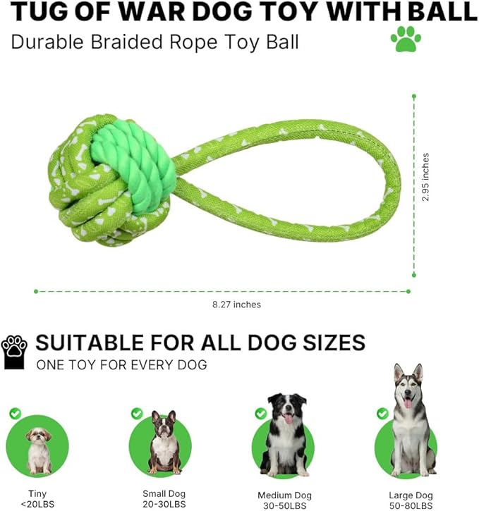 Tug of War Dog Toy with Ball - Dog Rope Ball Toy for Boredom and Stimulating Teeth Cleaning Gum Massage, Ball on Rope Puppy Interactive Toy, Green
