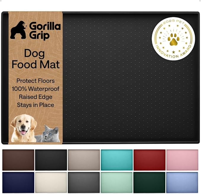 GORILLA GRIP 100% Waterproof Raised Edge BPA Free Silicone Pet Feeding Mat, Dog Cat Food Mats Contain Spills Protects Floors, Placemats for Cats and Dogs Water Bowl, Pets Accessories 32x24 Black