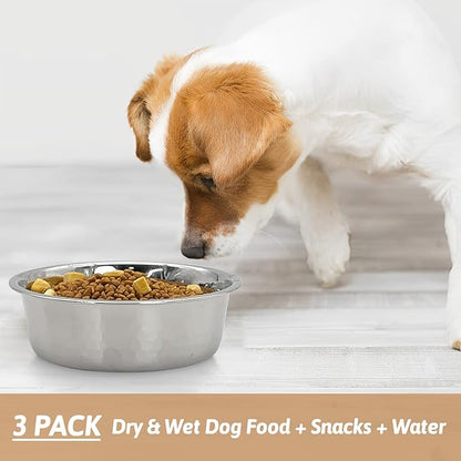 Fhiny 3 Pack Hammered Stainless Steel Dog Bowls, 4 Cups/32 Oz Premium Metal Puppy Feeder Bowl Set for Raised Feeding Station Basic Kitten Food & Water Dishes for Small & Medium Pets Dishwasher Safe