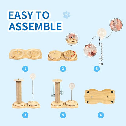 Marchul 4 in1 Interactive Cat Toy, Natural Sisal Cat Scratching Post with Hanging Balls, Cat Toys with Roller Track Ball by Wooden, Cat Food Feeder Toy with Treat Ball for Indoor Cats and Kittens