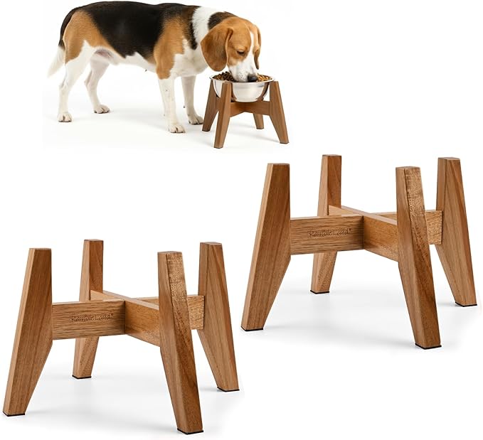 Elevated Dog Bowl Stand for Small Dogs, 7" Tall Raised Dog Bowl Stand Fits Up to 7" Bowls, Solid Acacia Wood Dog Bowl Holder, Set of 2 Wooden Dog Feeding Stands (Stand Only)