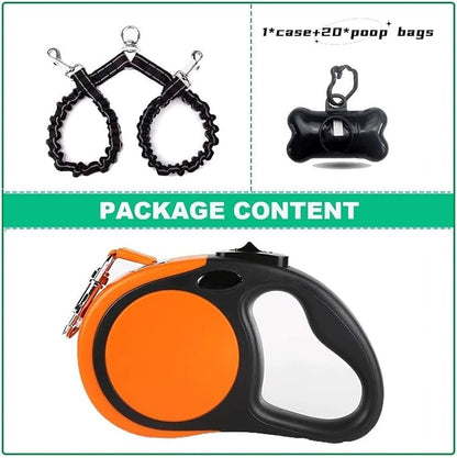 Dual Retractable Dog Leash for Small Breed (Up to 44 Lbs Each) - Double Headed 16 ft Extendable Pet Leash with Poop Bags, Non Slip Grip - One Button Break & Lock, 360 Tangle-Free (Orange, Medium)