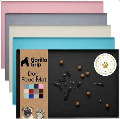 GORILLA GRIP 100% Waterproof Raised Edge BPA Free Silicone Pet Feeding Mat, Dog Cat Food Mats Contain Spills Protects Floors, Placemats for Cats and Dogs Water Bowl, Pets Accessories 18.5x11.5 Black